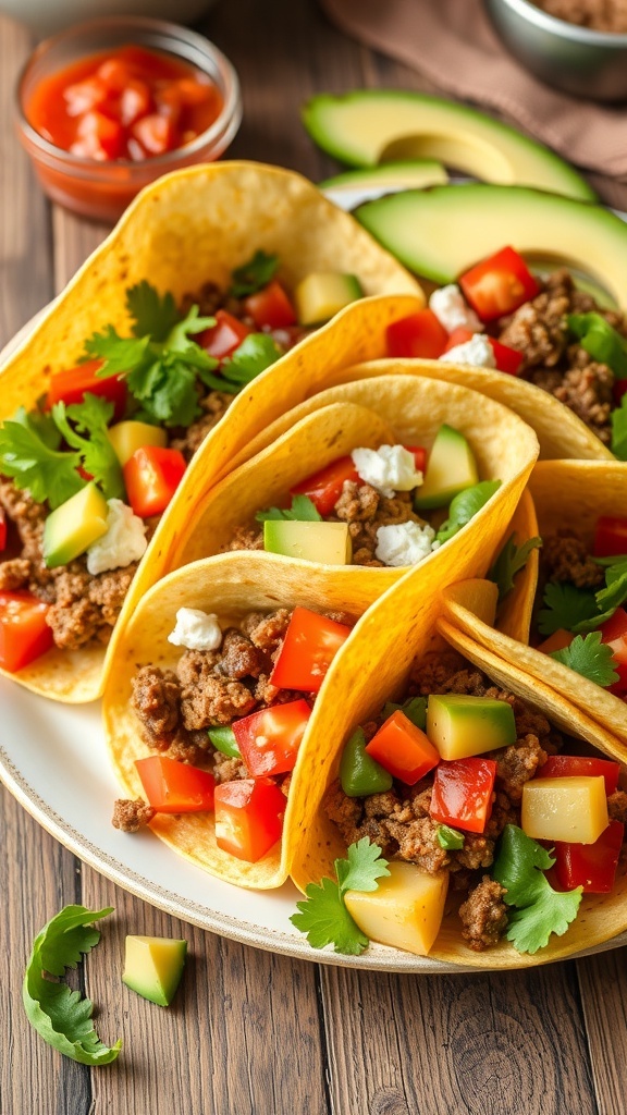 A plate of beef and potato tacos topped with lettuce, tomatoes, and cheese, with salsa and avocado on the side.